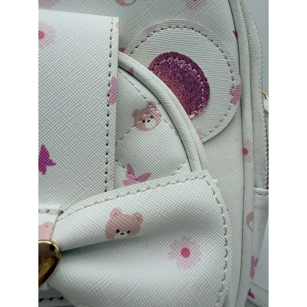 UNDER ONE SKY Mini Backpack Purse White Pink Bear Print Bow Bag Charm